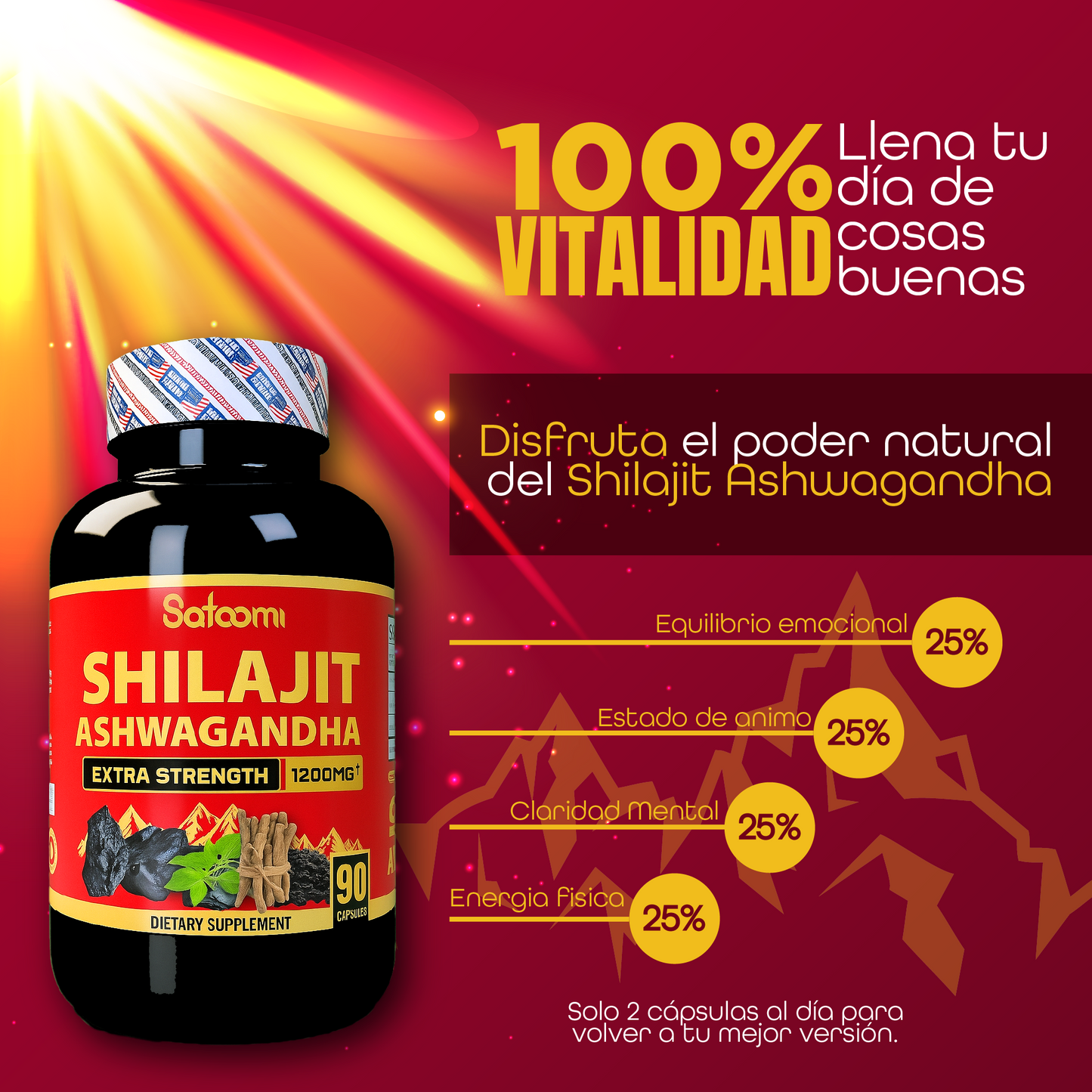 Shilajit con Ashwagandha Satoomi 1200 mg + Sachet de Proteína Vegan | Energía, Balance y Bienestar Natural