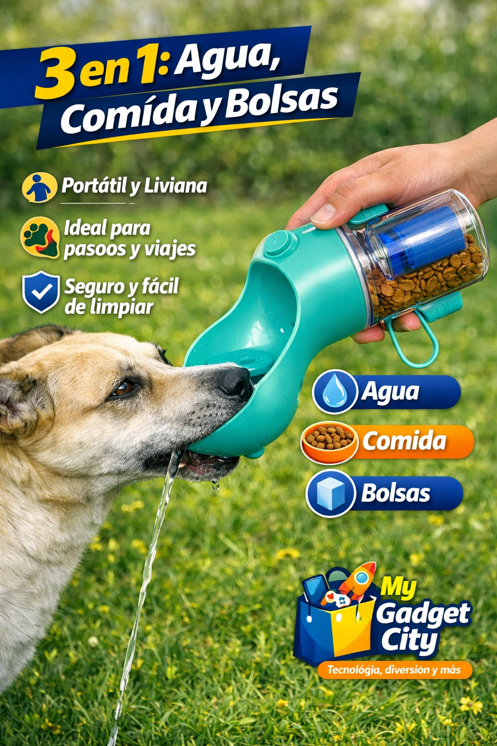 BOTELLA PORTÁTIL 3 EN 1 PARA MASCOTAS 🐶🐱💧