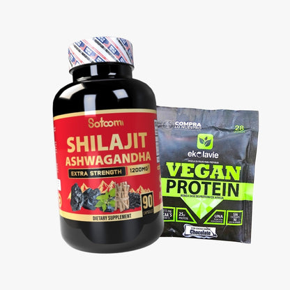 Shilajit con Ashwagandha Satoomi 1200 mg + Sachet de Proteína Vegan | Energía, Balance y Bienestar Natural