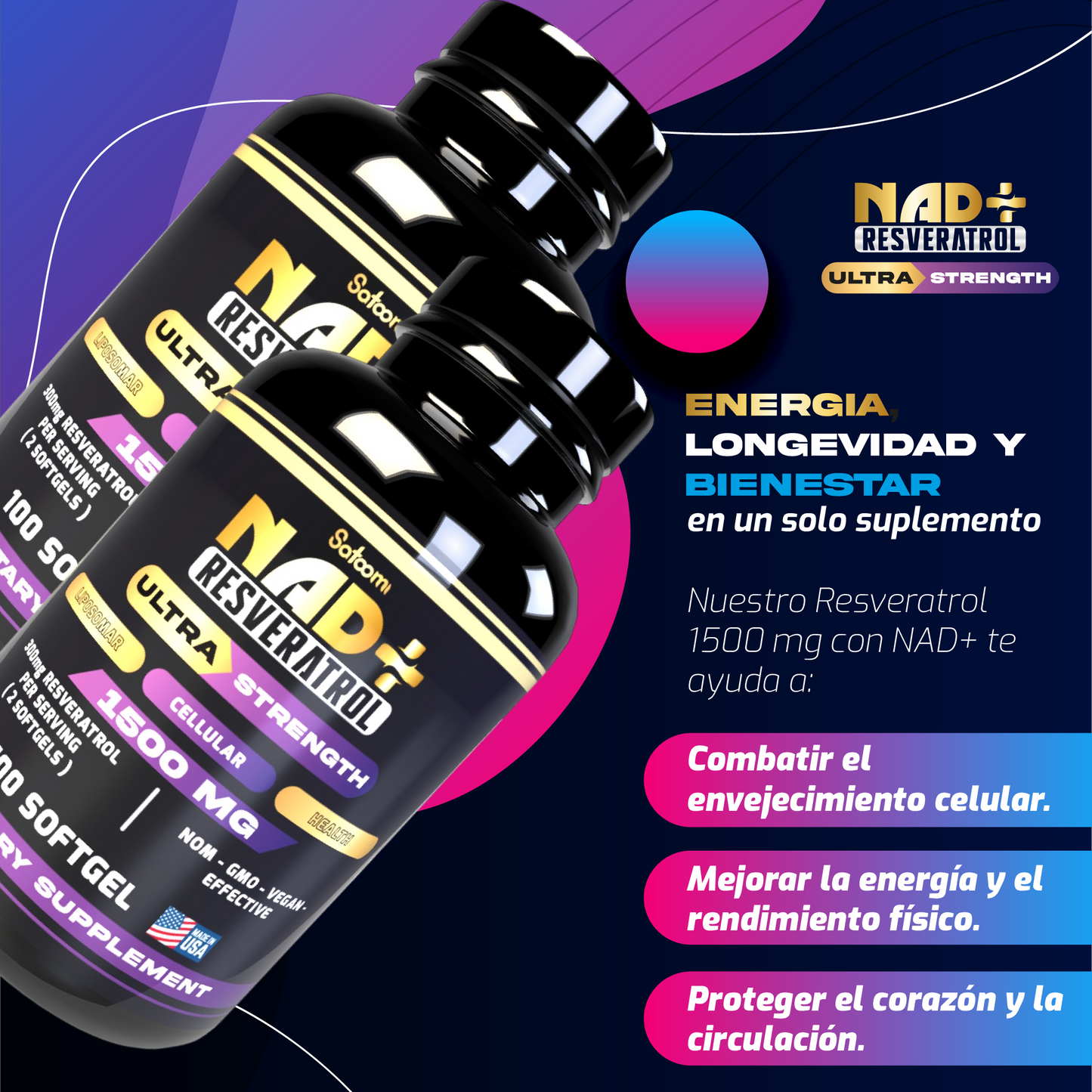 NAD+ Resveratrol Ultra Strength 1500 mg + Proteína Vegan | Energía Celular, Antioxidantes y Bienestar Premium