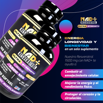 NAD+ Resveratrol Ultra Strength 1500 mg + Proteína Vegan | Energía Celular, Antioxidantes y Bienestar Premium