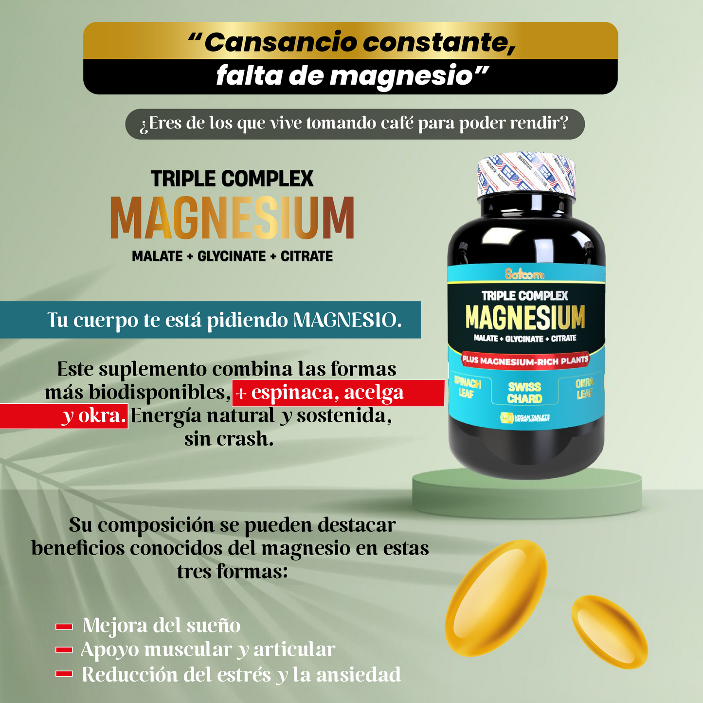 Citrato de Magnesio Americano Triple Complex + Proteína Vegan | Magnesio Malato, Glicinato y Citrato