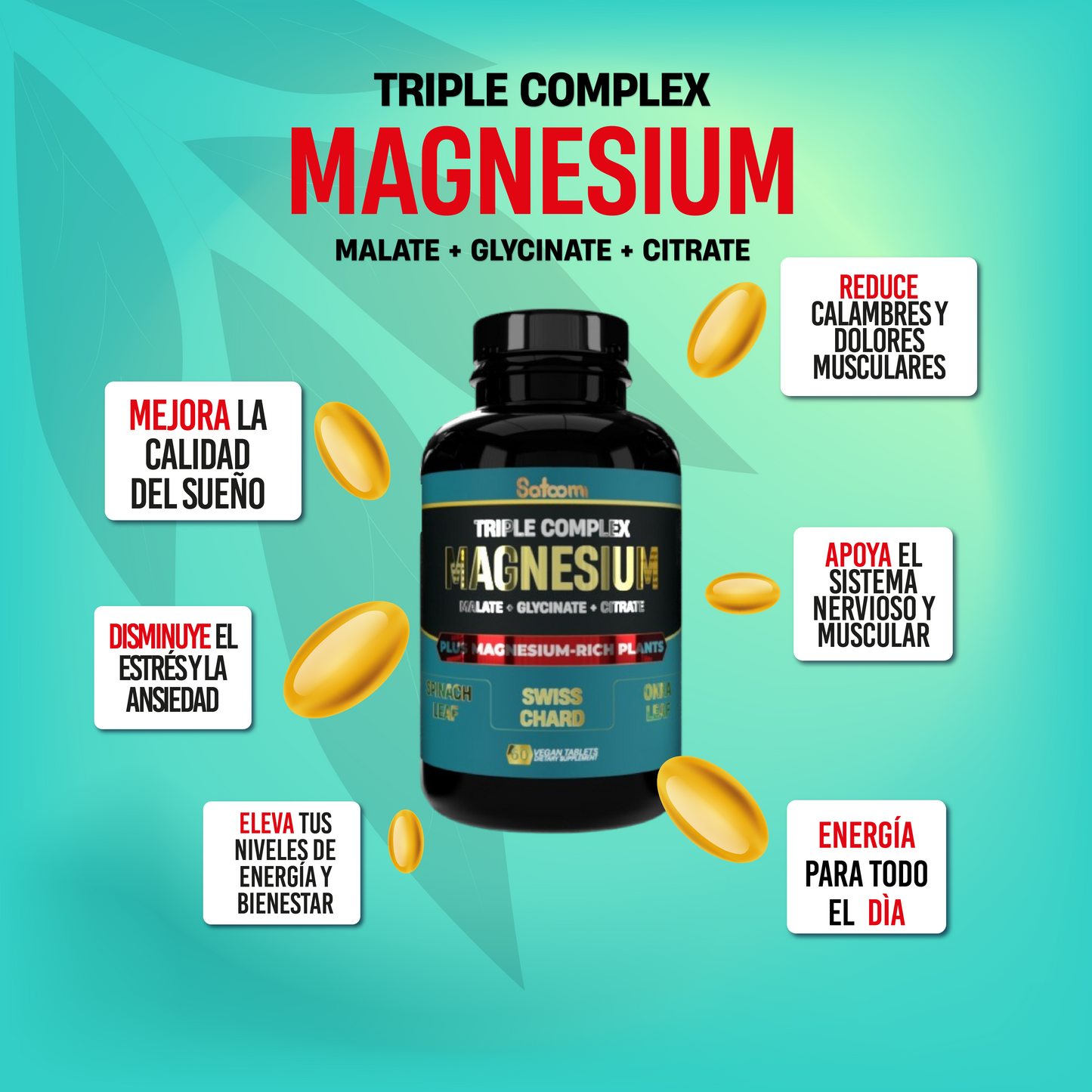 Citrato de Magnesio Americano Triple Complex + Proteína Vegan | Magnesio Malato, Glicinato y Citrato